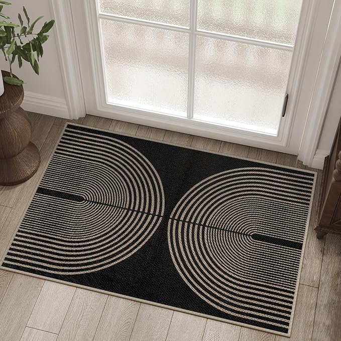 Rugalia Easy Jute Rainbow Entryway Rug, 2x3 Black Washable Non-Slip Indoor Outdoor Doormat, Boho Farmhouse Small Kitchen Rug Modern Abstract Throw Rugs for Entrance Bedroom Bathroom