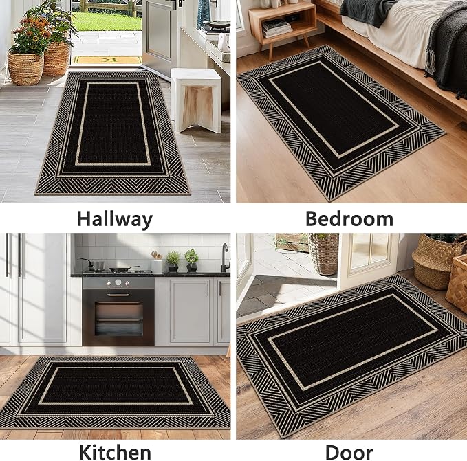 Capslpad Faux Jute 3x5 Area Rug, Geometry Line Patio Rug, Washable Front Porch Rug, Farmhouse Non-Slip Entryway Rugs for Indoor Outdoor, Black Base