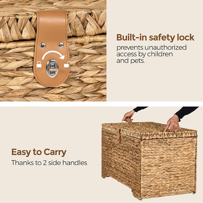 Honjourai Handwoven Storage Basket with Lid, 165L Wicker Storage Trunk | Natural Water Hyacinth Storage Chest, Leather Buckle, Metal Frame, Metal Ring Handles for Easy Transport