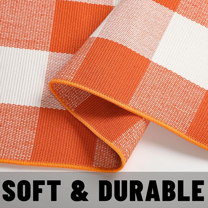 Buffalo Plaid Outdoor Rug 4x6 Ft Orange and White Checkered Area Rug Halloween Washable Fall Indoor Outdoor Rugs for Entryway,Hallway, Kitchen, Living Room, Dining Room, Bedroom