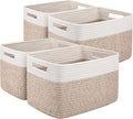 OIAHOMY 4 Pack Storage Basket, 13"x9"x7.8" Cotton Rope Baskets for Shelves, Closet Organizer for Bedroom & Living Room, Soft Decorative Bins for Organizing Towels, Books & Toys, Brown & White