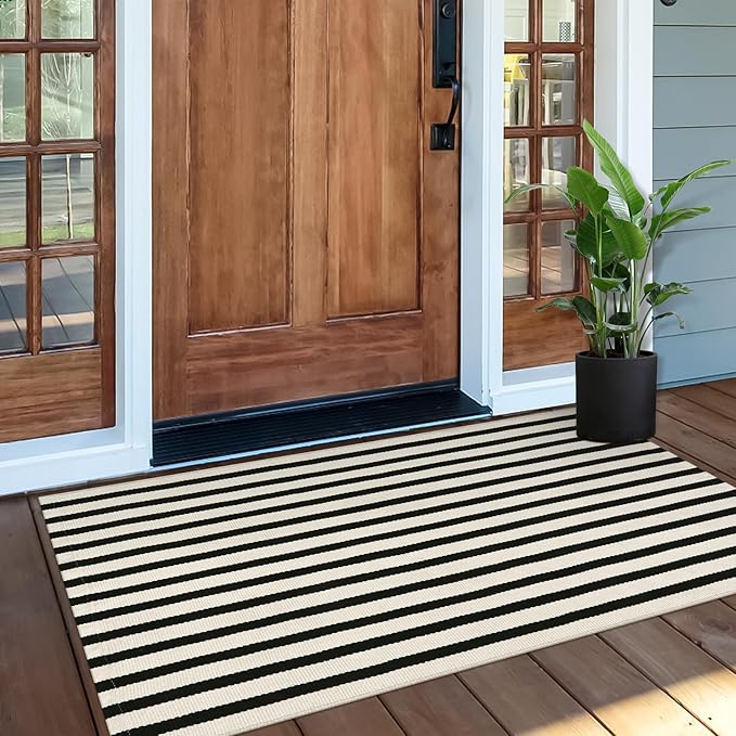 OJIA Front Door Mat Outside Entrance 24"x51" Striped Outdoor Mat Porch Rug | Machine Washable Indoor Outdoor Rug Layered Doormat Front Door Rug Cotton Woven Entryway Rug for Kitchen/Farmhouse/Home Decor