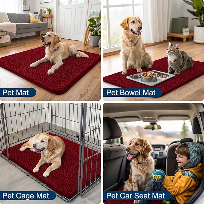 Smiry Dog Door Mat for Muddy Paws 70x35, Absorbent Dirt Trapper, Non-Slip Washable Chenille Entryway Rug for Inside Floor, Burgundy, Classic Solid