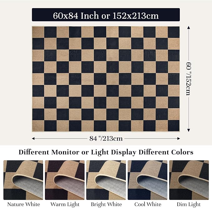 EDIMENS Checkered Easy Jute 5x7 Outdoor Rug Washable Living Room Area Rugs | Black Non Slip Outdoor Patio Rug Diamond Indoor Black Farmhouse Geometric Carpet for Backyard Front Porch Balcony