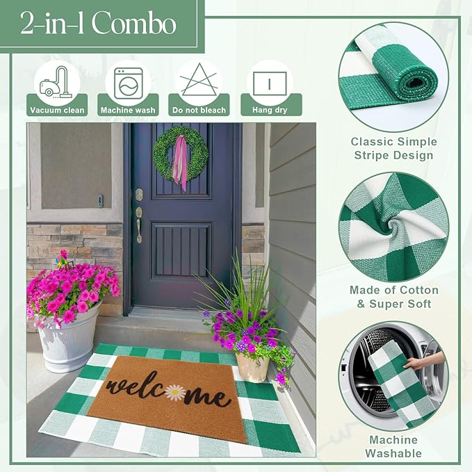 2 Pcs Outdoor Door Mat Combo Set Layered Outdoor Rug and Coir Welcome Doormat Non Slip Outside Floor Mat for Front Porch Entryway Patio Yard Decor(Green Daisy,24'' X 35'',24'' X 16'')