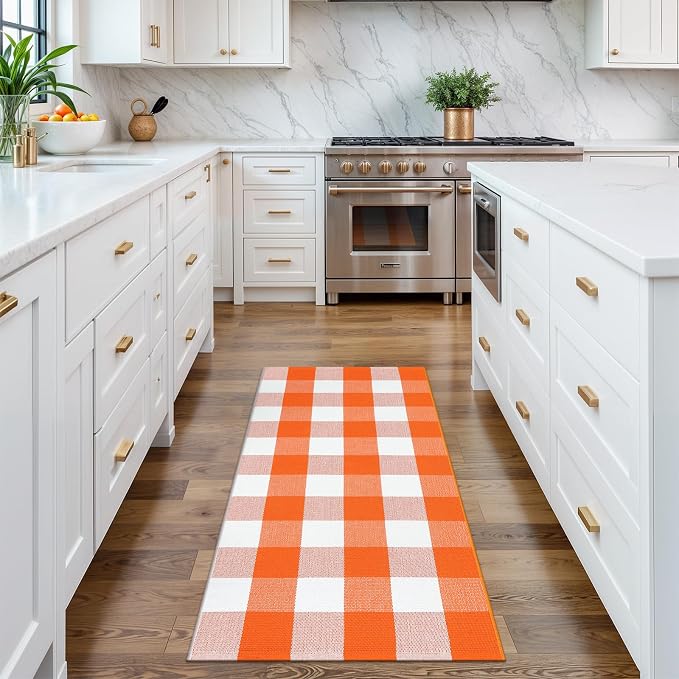 Collive Buffalo Plaid Checkered Outdoor Rug, White and Orange Halloween Fall Decor Door Mat, 2x4.3 Front Porch Rug, Washable Cotton Welcome Mat Layered Doormat Outside Entrance for Kitchen Entryway