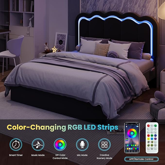 SHA CERLIN Queen Size Bed Frame with LED Lights and Storage Drawer, Black | Upholstered Velvet Platform Bed with Adjuatable Wavy Headboard, Noise-Free, Easy Assembly,No Box Spring Needed