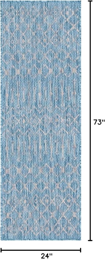 Unique Loom Outdoor Trellis Collection Area Rug - Tribal Trellis (2' x 6' 1" Runner, Aqua/ Ivory)