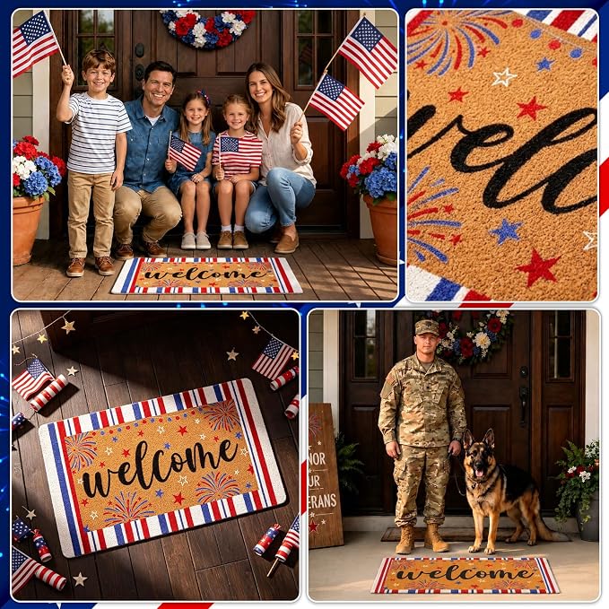 4th of July Patriotic artificial Coir Door Mat USA Red White Blue Stripe Welcome Mats 17x30 inches Star Fireworks Shell Fiber Rug Independence Memorial Day Doormat 250 Anniversary Indoor Outdoor Decor