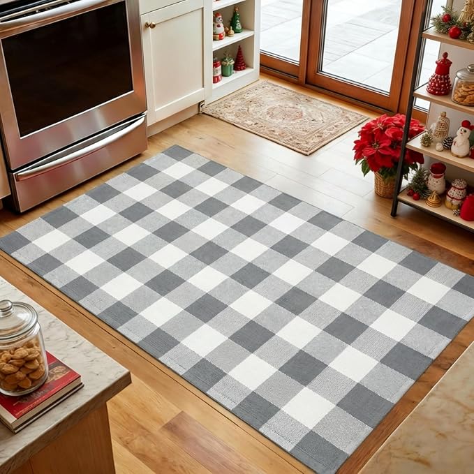 Gray and White Buffalo Plaid Rug 3' x 5', Washable Farmhouse Non-Slip Checkered Doormat, Indoor Outdoor Floor Mat for Living Room, Bedroom, Entryway, Kitchen, Laundry Room, Patio, Porch