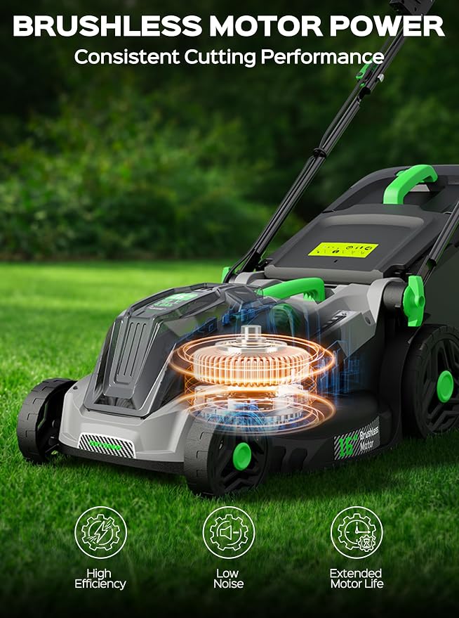 TIECTOWN 40V 16-Inch Brushless Cordless Lawn Mower with 4.0Ah Battery & Charger, 2-in-1 Electric Push Mower, 5-Position Height Adjustment, Lightweight, Compact Storage, for Small Yards - Green | Brushless Motor, 5-Position Height Adjustment, Battery Po...