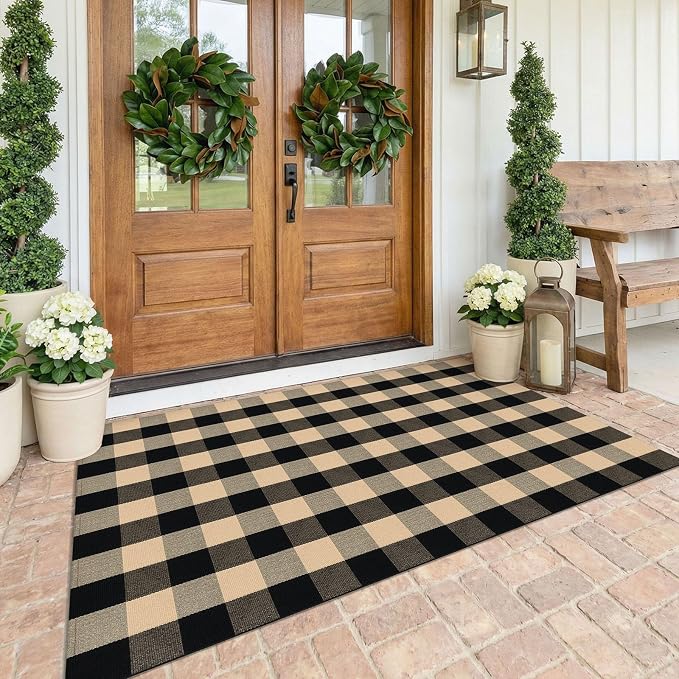 KOZYFLY Buffalo Plaid Area Rug 4x6 Ft Checkered Rug Washable Cotton Outdoor Rugs for Bedroom Brown and Black Front Door Mat Carpet for Front Porch Living Room Dining Room Kitchen
