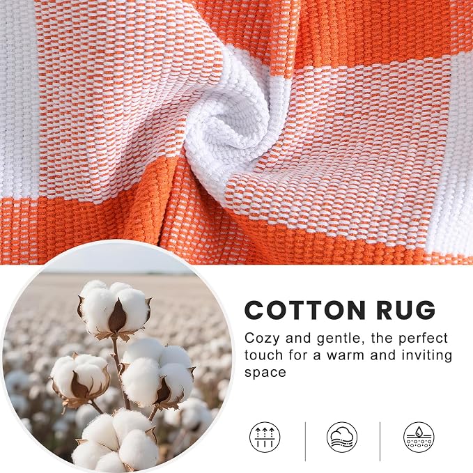 OLANLY Buffalo Plaid Rug 2'4" x 3'7" (27.5" x 43") | Orange and White Cotton Checkered Doormat, Washable Indoor Outdoor Rug for Layered Front Porch, Kitchen, Entryway Decor