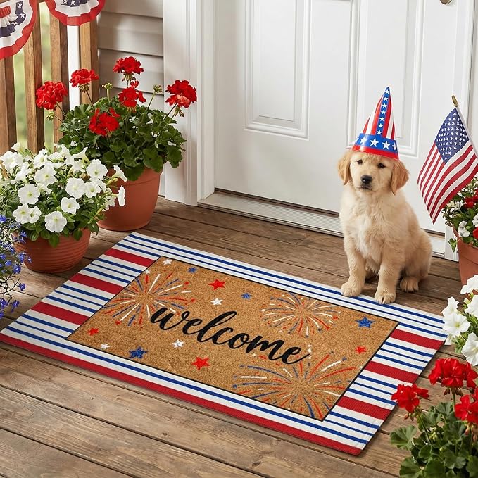 Moucuny 2 Pcs 4th of July Coir Door Mat Outdoor, Patriotic Non-Slip Decor