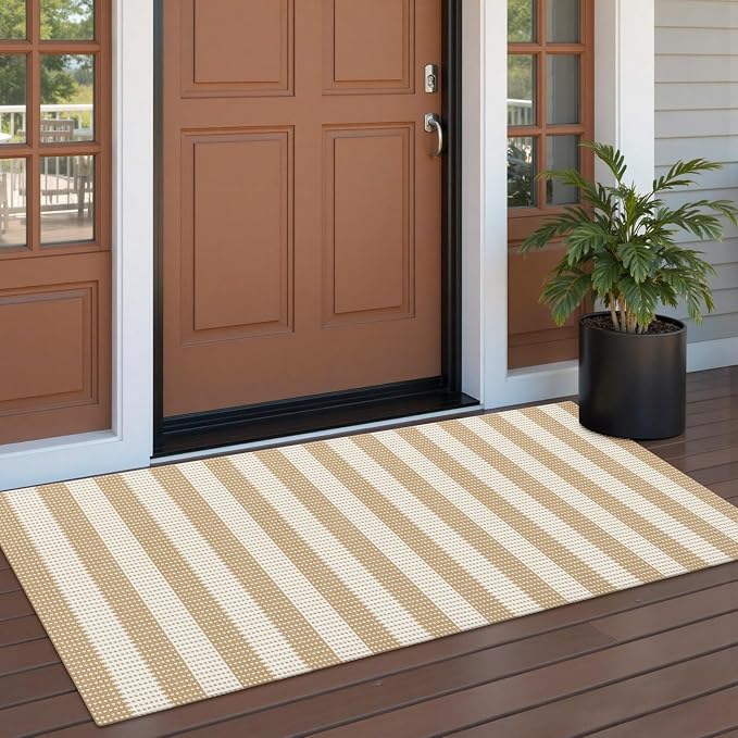 Rugalia Washable Woven Indoor Outdoor Runner Rug, 2x5 Natural Beige Striped Cotton Rug Runners for Hallway Non-Slip Entryway Runner Rugs, Modern Neutral Throw Carpet for Kitchen Porch Patio