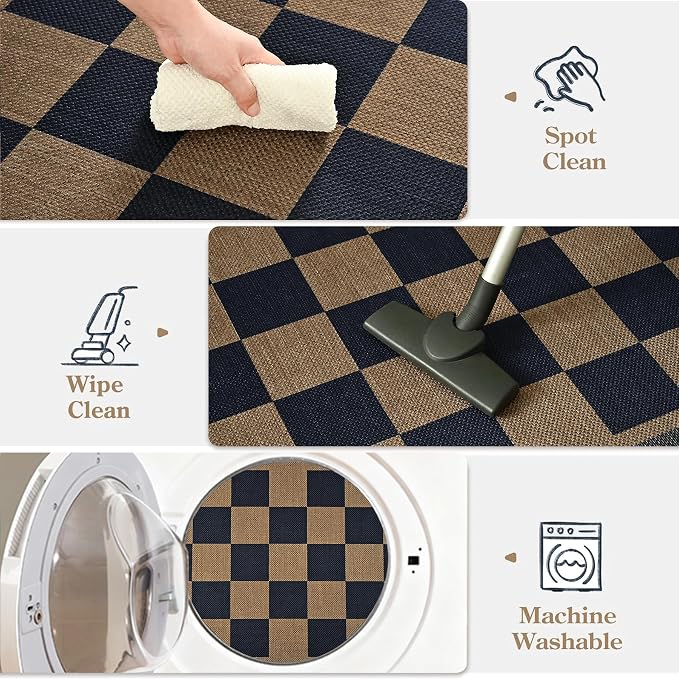 Vasofe 2x6 Jute Checkered Rugs, Outdoor Runner, Runner Carpet for Hallway | Washable PatPorch Balcony Runner Rug Indoor Bedroom Kitchen Laundry Mat, Non Slip Plaid Farmhouse Carpets, Navy and Brown