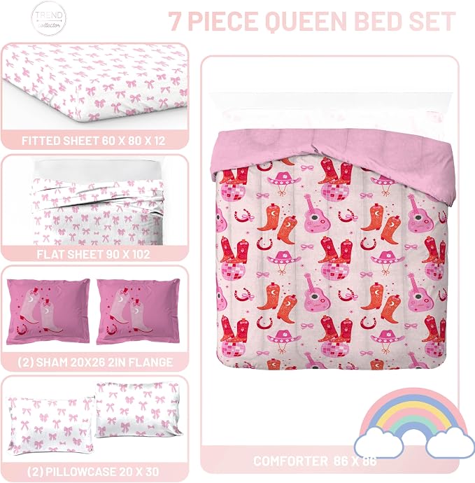 Trend Collector Cowgirl Queen Comforter Set 7 Piece Kids Bedding, Pink | Bed in a Bag, Comforter Sheets Shams Pillowcases, Soft Microfiber, Easy Care Machine Washable, Girls Gift
