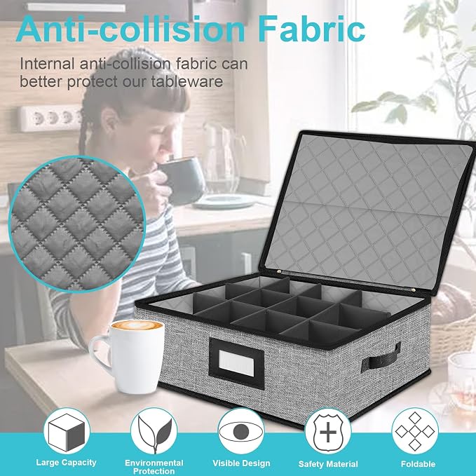 Quilted Mug Cup Storage Box,China Storage Containers | Cup Storage Containers Hard Shell with Lid for Moving Transport,Kichen Dinnerware Storage