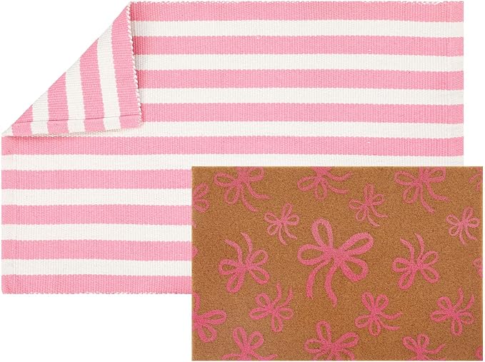 2 Pcs Outdoor Door Mat Combo Set Layered Outdoor Rug and Coir Welcome Doormat Non Slip Outside Floor Mat for Front Porch Entryway Patio Yard Decor(Light Pink Bow,24'' X 35'',24'' X 16'')