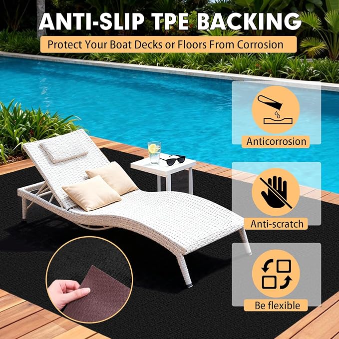 Grefinity Marine Carpet,5 FT x 15 FT Black Indoor Outdoor Carpet 0.2" Thick Boat Rug with Water-Proof TPE Backing for Home, Patio, Porch, Deck