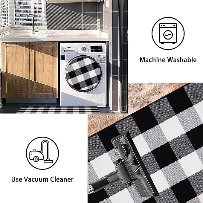 Black and White Layered Doormat 24''x35''Buffalo Plaid Checkered Rug Cotton Machine Washable Mat for Front Porch, Kitchen, Farmhouse, Entryway,Bathroom