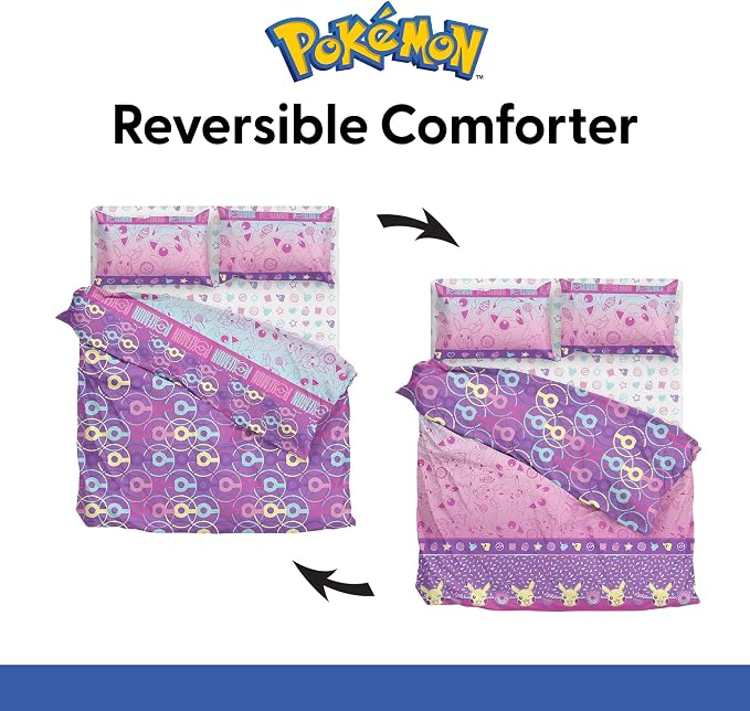Northwest Pokemon Light and Sweet Full Size Bed in a Bag Set, Pikachu Eevee Jigglypuff, Kids Boys Girls Bedding Comforter Sheets