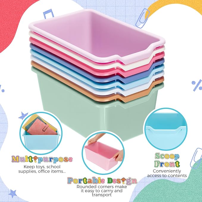 Dandat 16 Pcs Plastic Book Bins for Classroom Library Cubby Bins Scoop Front Stackable Toy Storage Tubs Containers for School Office Home Nursery Playroom Organization (Pastel Color)