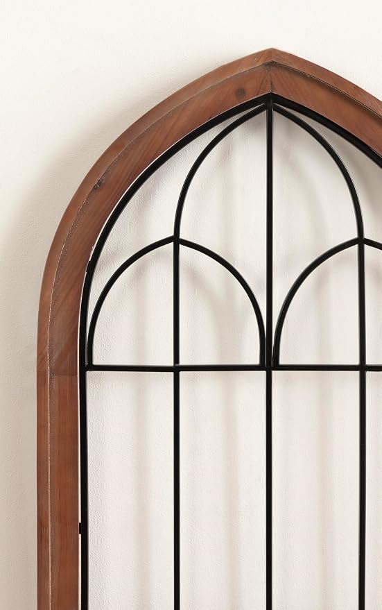 Kate and Laurel Rennell Farmhouse Arched Wall Art Plaque; 19 x 36; Walnut Brown and Black; Wood and Metal Windowpane Wall Decor for Use as Fireplace Mantel Decor or Entryway Wall Accent