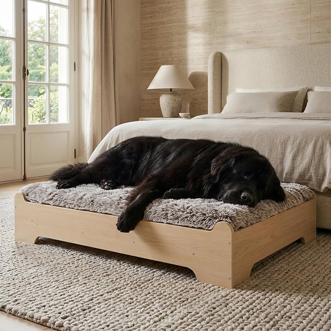Elevated Wooden Dog Bed with Foam Mattress, Natural Wood, X-Large | Raised Dog Bed with Washable Cover and Supportive Foam Mattress, Crafted for X-Large Dogs and Modern Homes