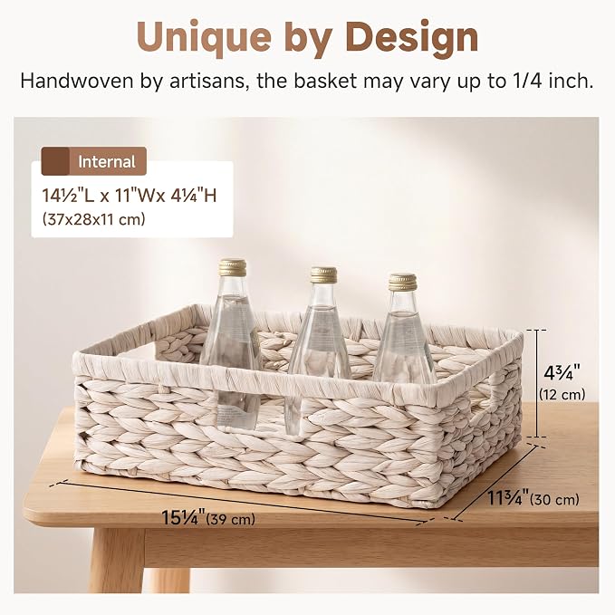 StorageWorks Large Wicker Storage Baskets for Shelves,White Baskets,1-Pack | Water Hyacinth Wicker Baskets for Storage,Pantry Organizers and Storage,Decorative Baskets,Pantry Baskets,15¼" x 11¾" x 4¾"