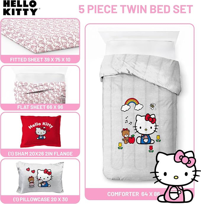 Sanrio Hello Kitty Twin Comforter Set 5 Piece Bedding for Girls, Grey | Bed in a Bag, Comforter Sheets Sham Pillowcase, Official Product, Soft Microfiber, Machine Washable, Easy Care, Girls Gift
