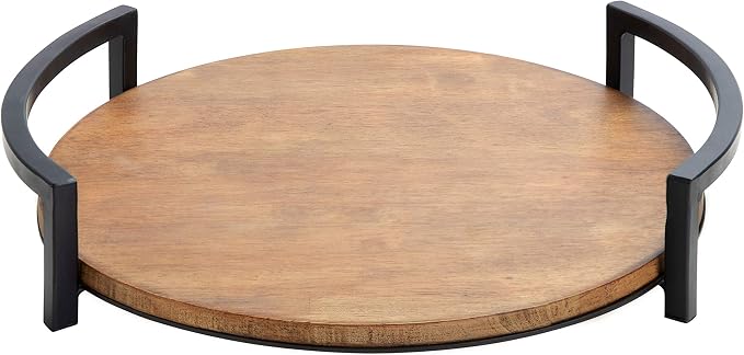 Kate and Laurel Ficher Round Wood Tray, 15" Diameter, Rustic Brown, Shabby-Chic Farmhouse Centerpieces for Table or Ottoman