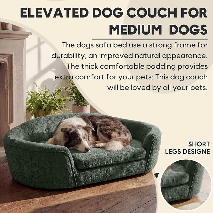 Dog Couch Bed with Oval Semi-Enclosed, Durable Linen Material Pet Sofa Couch with Soft Foam Cushion, Dog Sofa Bed with Legs for Medium Dogs, Green