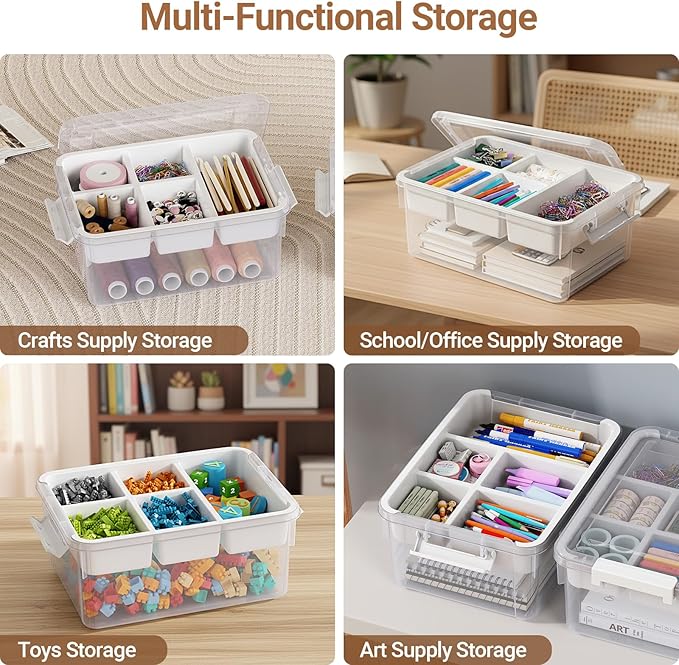 40Qt Stackable Storage Bins with Lids & Trays, Clear Plastic Latching Boxes Organizers with Dividers Portable 10Gal Containers for Arts & Crafts, Home and Car Trunk Organization, 2Pack