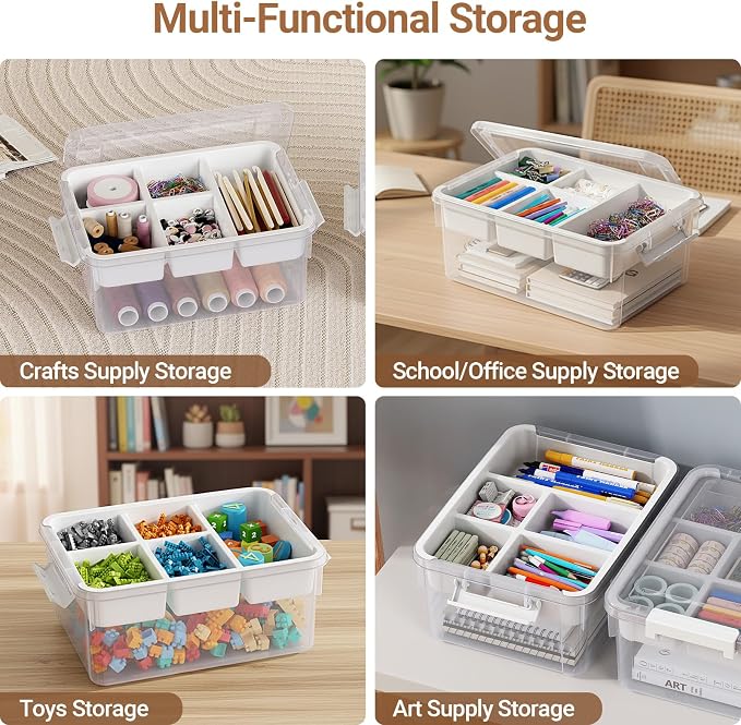 20Qt Stackable Storage Bin with Lid & Tray, Clear Plastic Latching Box Organizer with Divider Portable 5Gal Container for Arts & Crafts, Home and Car Trunk Organization, 1Pack