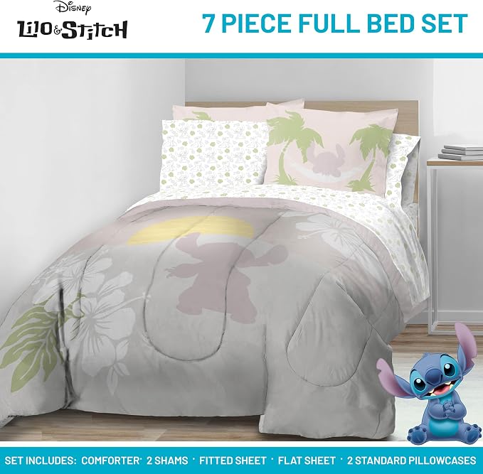 Disney Lilo and Stitch Full Size Comforter Set 7 Piece Bedding, Beige | Bed in a Bag, Comforter Sheets Shams Pillowcases, Official Product, Soft Microfiber, Machine Washable, Girls Gift