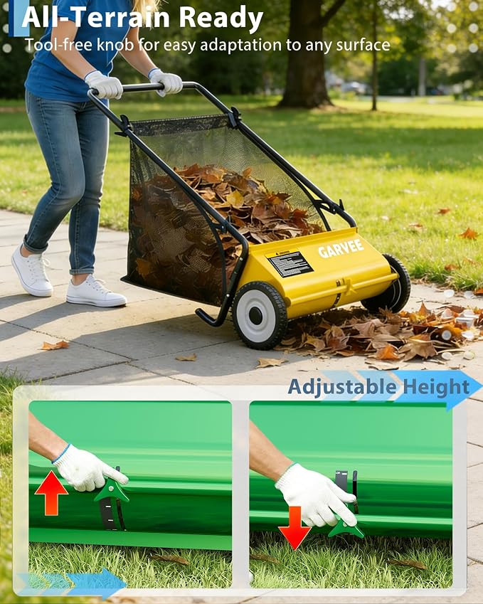 Garvee Push Lawn Sweeper,26-Inch Width Enhanced 4-Brush System with Large 7 cu. ft. Hopper Bag, Ideal for Yard and Garden Cleanup, Yellow | Brush Height Adjustment, All-Terrain Suitable, 7 cu.ft Hopper Bag, Durable Steel Frame, Easy Setup, Compact & Sp...