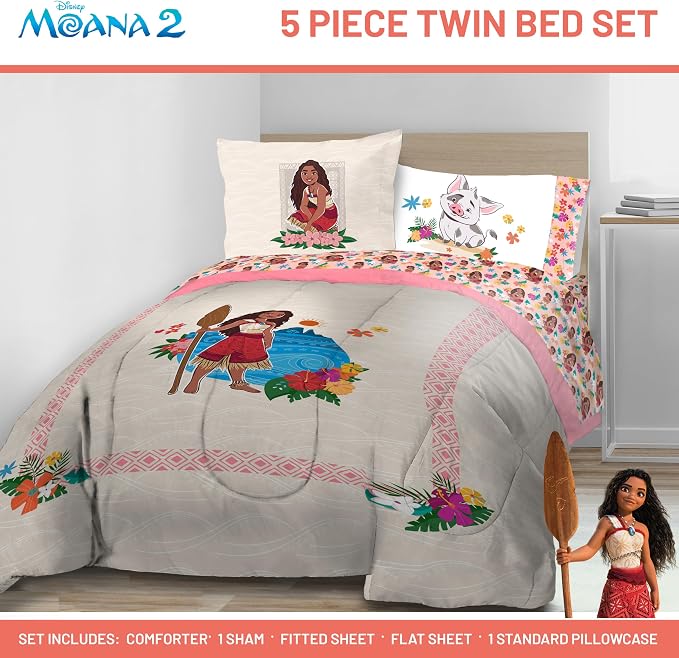 Disney Moana Twin Comforter Set 5 Piece Kids Bedding for Girls, Beige | Bed in a Bag, Comforter Sheets Sham Pillowcase, Official Brand, Soft Microfiber, Machine Washable, Girls Gift