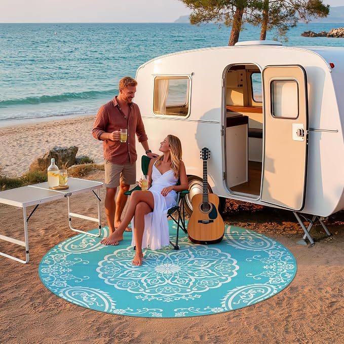 Pauwer Outdoor Rug 8ft, Waterproof Plastic Straw Camping Rug, Boho Teal | Reversible Patio Rug, UV Resistant Indoor Outdoor RV Mat Carpet For Deck, Camper, Porch, Balcony, Backyard, Picnic, Foldable