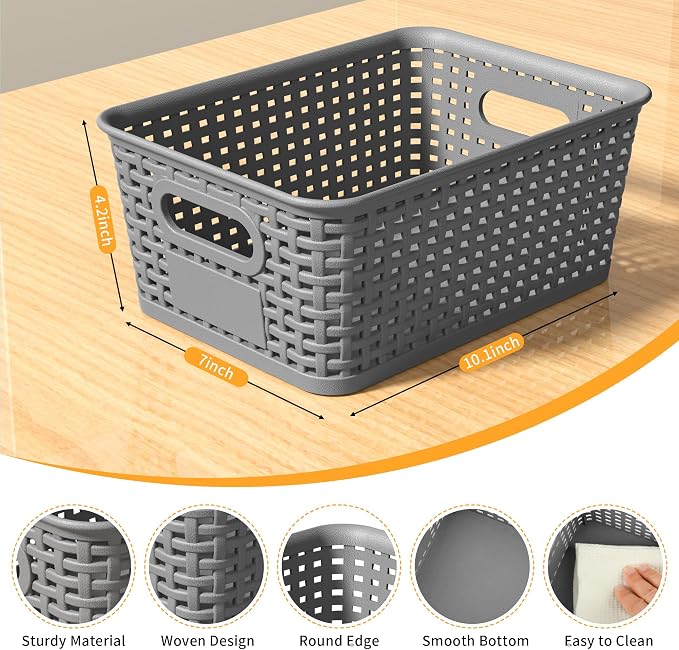 8 Pack Plastic Storage Baskets,Gray Stackable Storage Bins | 5.3qt Storage Containers with Labels for Organizing Shelves Drawers Desktop Closet Playroom Classroom Office