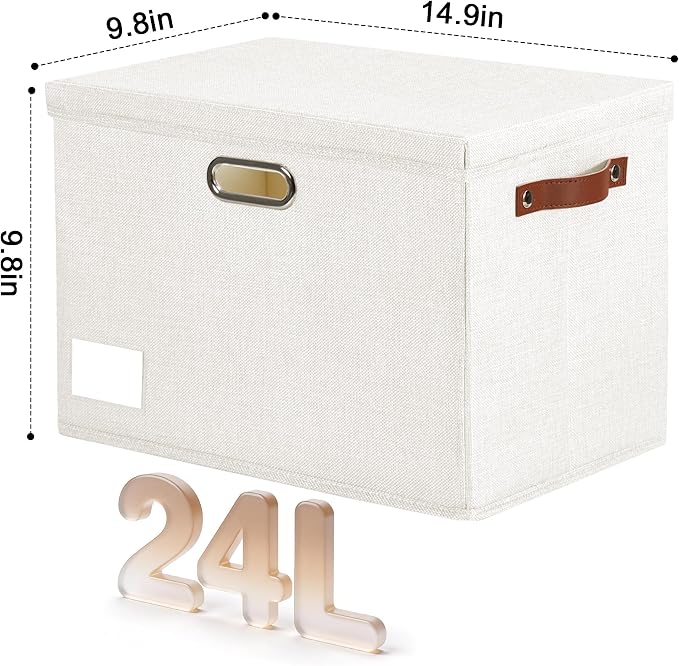 Roobyl 15" Large Collapsible Storage Bins with Lids, Stackable Closet Organizers with PU Handle and Labels, 3-Pack Decorative Fabric Storage Boxes for Home, Bedroom, Closet, Office, Nursery(White)