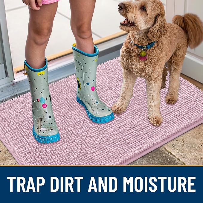 Smiry Dog Door Mat for Muddy Paws 59x35, Absorbent Dirt Trapper, Non-Slip Washable Chenille Entryway Rug for Inside Floor, Dusty Rose, Classic Solid