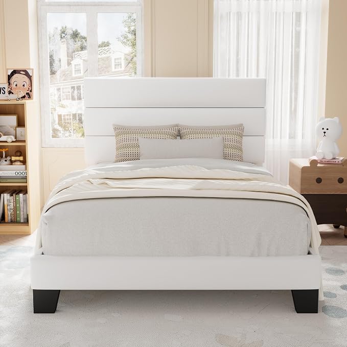 Allewie Twin Size Platform Bed Frame with Velvet Upholstered Headboard | Wooden Slats Support, Fully Upholstered Mattress Foundation, No Box Spring Needed, Easy Assembly, Noise-Free, White