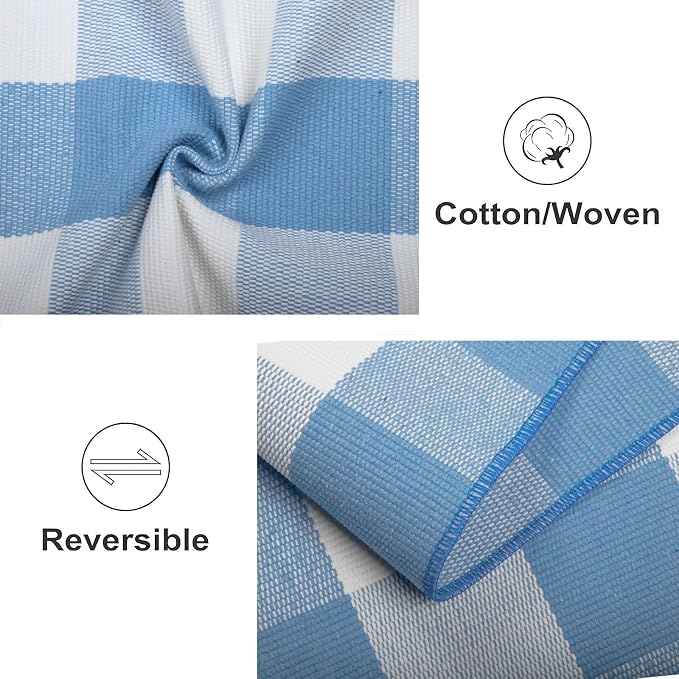 Light Blue and White Front Door Mat 24''X35'' Buffalo Plaid Checked Front Porch Rug Cotton Woven Washable Rug Layering Doormat for Welcome Door Mat Entryway Dining Room Bedroom Living Room