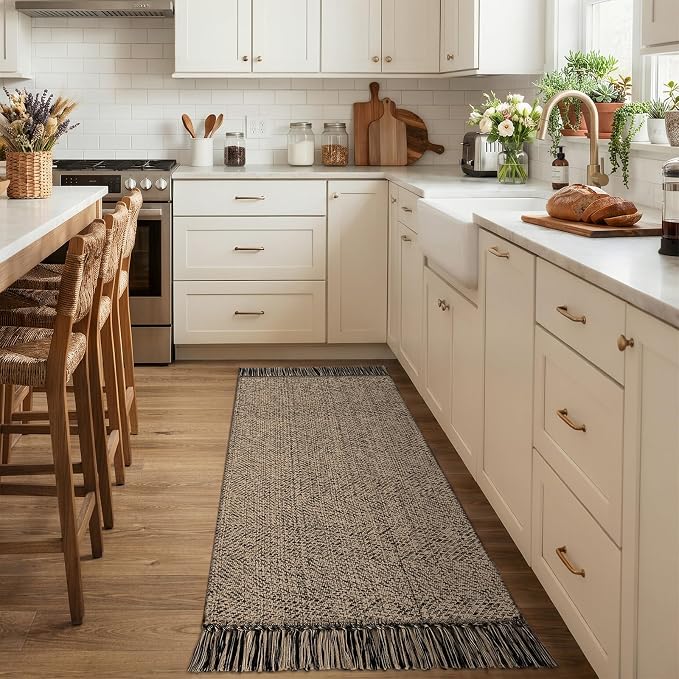 Collive Bathroom Runner Rug, 2' x 5' Modern Farmhouse Kitchen Runner Rug Boho Hand-Woven Entryway Rugs Runners for Hallway, Natural/Black Washable Laundry Carpet Indoor Front Door Mats for Bedroom