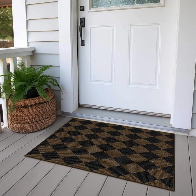 Rugalia Easy Jute Checkered Entryway Rug, 2x3 Coffee Modern Indoor Outdoor Doormat, Washable Non-Slip Neutral Small Kitchen Rug Farmhouse Diamond Throw Rugs for Entrance Bedroom Bathroom