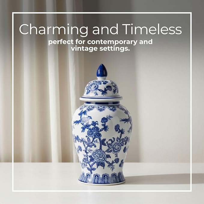 Decorative Ginger Jar for Home Decor – Ceramic Jar With Lid, Chinoiserie Pattern, Large Tabletop Accent for Living Room or Entry Shelf Display, Stylish Centerpiece Decor – 18", Blue & White