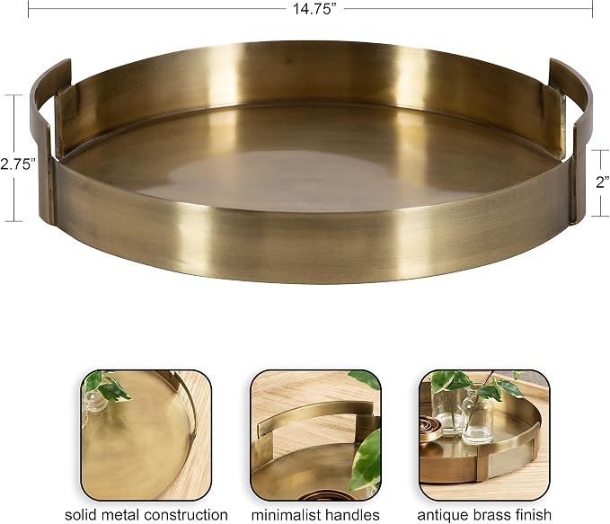 Kate and Laurel Myo Transitional Metal Round Tray; 15 x 15; Brass; Modern Glam Circular Decorative Serving Tray with Handles for Storage; Display; and Decor