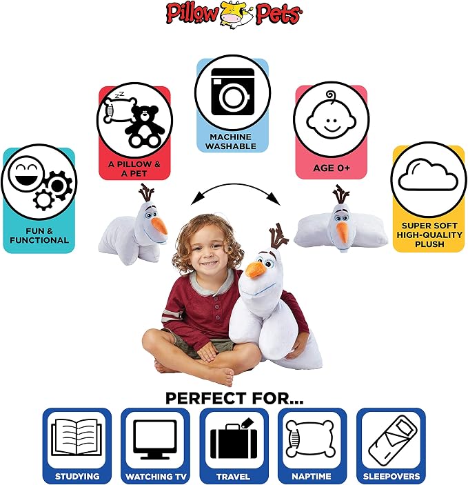 Pillow Pets Disney Frozen Olaf, 16" Plush Toy | Soft Plush Pillow Companion, Unfastens into a Cozy Pillow at Night, Machine Washable, BPA and Phthalates Free