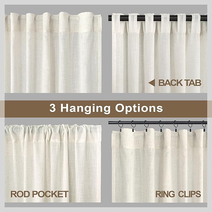 Cream Curtains 72 Inch Length for Bedroom Pair Set 2 Panels Back Tab Loop Rod - Image 5